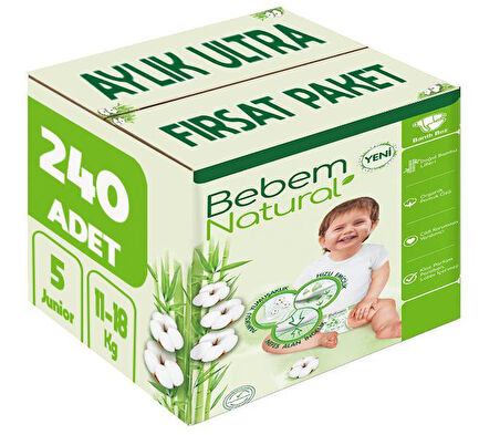 Bebem Bebek Bezi Natural Beden:5 (11-18Kg) Junior 240 Adet Aylık Ultra Fırsat Pk