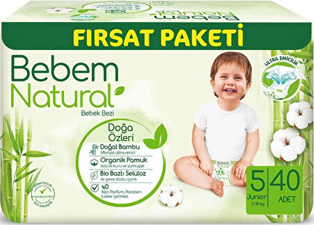 Bebem Bebek Bezi Natural Beden:5 (11-18Kg) Junior 120 Adet Aylık Fırsat Pk