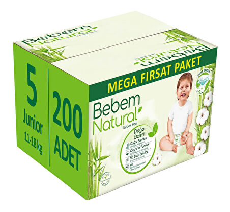 Bebem Bebek Bezi Natural Beden:5 (11-18Kg) Junior 200 Adet Mega Fırsat Pk