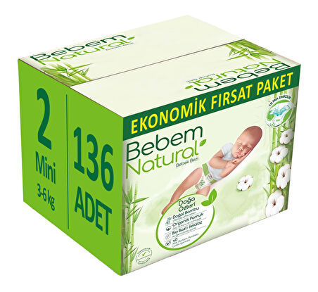 Bebem Bebek Bezi Natural Beden:2 (3-6Kg) Mini 136 Adet Ekonomik Fırsat Pk