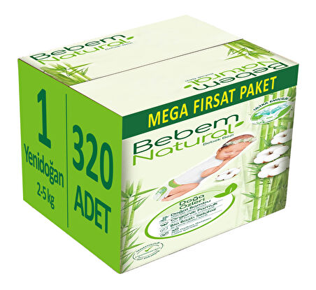 Bebem Bebek Bezi Natural Beden:1 (2-5Kg) Yenidoğan 320 Adet Mega Fırsat Pk