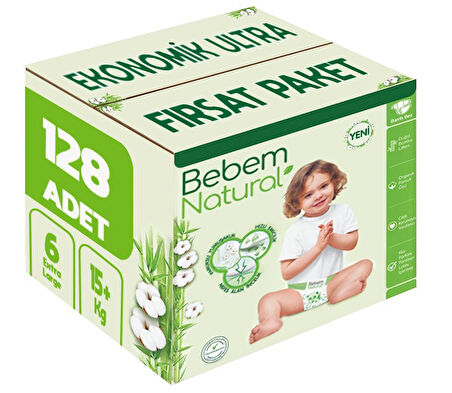 Bebem Bebek Bezi Natural Beden:6 (15+Kg) Extra Large 128 Adet Ekonomik Ultra Fırsat Pk