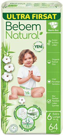 Bebem Bebek Bezi Natural Beden:6 (15+Kg) Extra Large 128 Adet Ekonomik Ultra Fırsat Pk