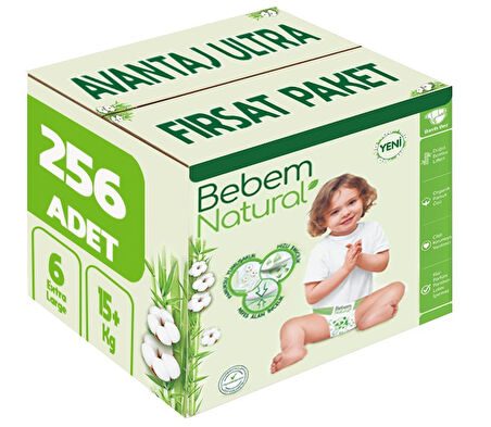 Bebem Bebek Bezi Natural Beden:6 (15+Kg) Extra Large 256 Adet Avantaj Ultra Fırsat Pk