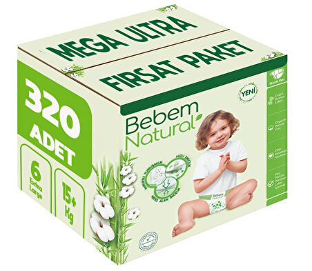 Bebem Bebek Bezi Natural Beden:6 (15+Kg) Extra Large 320 Adet Mega Ultra Fırsat Pk