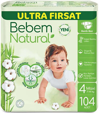 Bebem Bebek Bezi Natural Beden:4 (7-14KG) Maxi 208 Adet Ekonomik Ultra Fırsat Pk