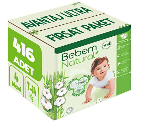 Bebem Bebek Bezi Natural Beden:4 (7-14KG) Maxi 416 Adet Avantaj Ultra Fırsat Pk