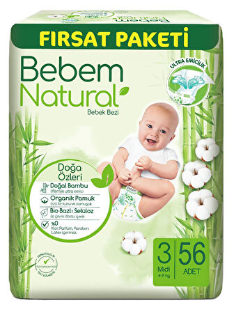 Bebem Bebek Bezi Natural Beden:3 (4-9Kg) Midi 112 Adet Ekonomik Fırsat Pk