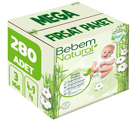 Bebem Bebek Bezi Natural Beden:3 (4-9Kg) Midi 280 Adet Mega Fırsat Pk