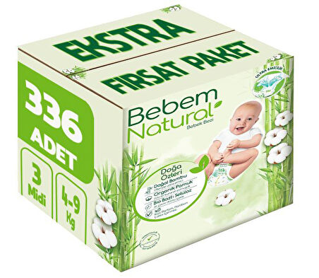 Bebem Bebek Bezi Natural Beden:3 (4-9Kg) Midi 336 Adet Ekstra Fırsat Pk