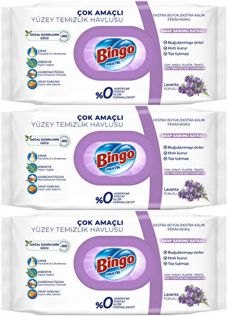 Bingo Clean Yüzey Temizlik Havlusu 96 Yaprak Lavanta Kokulu Plastik Kapaklı (3 Lü Set) 288 Yaprak