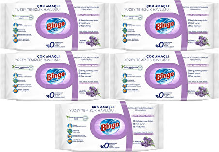 Bingo Clean Yüzey Temizlik Havlusu 96 Yaprak Lavanta Kokulu Plastik Kapaklı (5 Li Set) 480 Yaprak