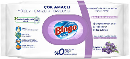 Bingo Clean Yüzey Temizlik Havlusu 96 Yaprak Lavanta Kokulu Plastik Kapaklı (9 Lu Set) 864 Yaprak