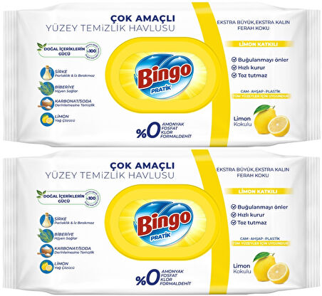 Bingo Clean Yüzey Temizlik Havlusu 96 Yaprak Limon Kokulu Plastik Kapaklı (2 Li Set) 192 Yaprak