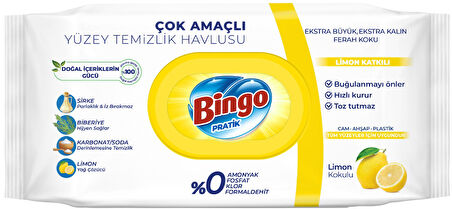 Bingo Clean Yüzey Temizlik Havlusu 96 Yaprak Limon Kokulu Plastik Kapaklı (2 Li Set) 192 Yaprak