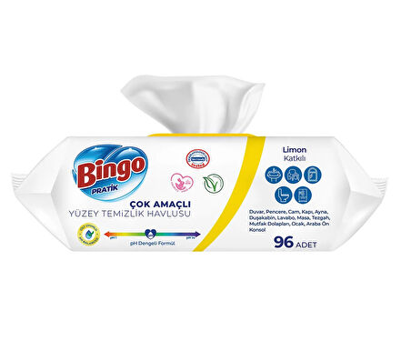 Bingo Clean Yüzey Temizlik Havlusu 96 Yaprak Limon Kokulu Plastik Kapaklı (2 Li Set) 192 Yaprak