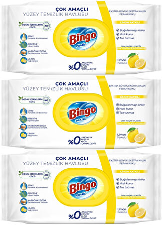 Bingo Clean Yüzey Temizlik Havlusu 96 Yaprak Limon Kokulu Plastik Kapaklı (3 Lü Set) 288 Yaprak