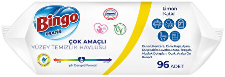 Bingo Clean Yüzey Temizlik Havlusu 96 Yaprak Limon Kokulu Plastik Kapaklı (12 Li Set) 1152 Yaprak