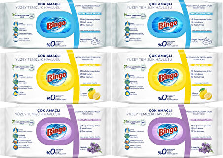 Bingo Clean Yüzey Temizlik Havlusu (Karma 6 Lı Set) (Beyaz Sabun/Limon Kokulu/Lavanta Kokulu)