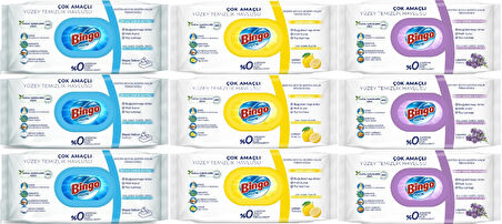 Bingo Clean Yüzey Temizlik Havlusu (Karma 9 Lu Set) (Beyaz Sabun/Limon Kokulu/Lavanta Kokulu)