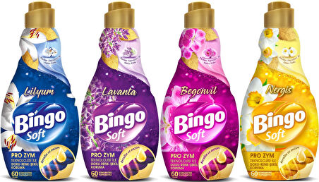 Bingo Soft Çamaşır Yumuşatıcı Konsantre 1440ML Karma 4 Lü Set (Lilyum-Lavanta-Begonvil-Nergis)
