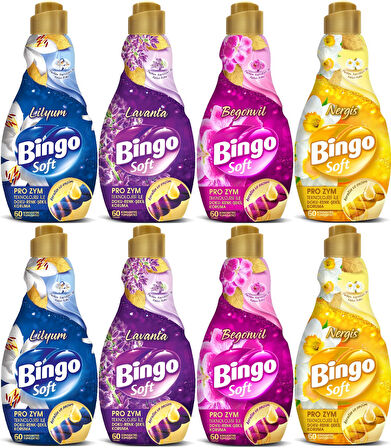 Bingo Soft Çamaşır Yumuşatıcı Konsantre 1440ML Karma 8 Li Set (Lilyum-Lavanta-Begonvil-Nergis)