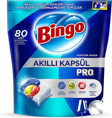 Bingo Akıllı Kapsül Pro Bulaşık Makinesi Deterjanı Tableti 160 Adet Limon Kokulu (2PK*80)