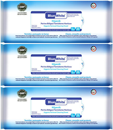 BlueWhite Yetişkin Hasta Perine Bölgesi Temizleme Mendil-Havlusu (3 lü set) 50 Yaprak Hijyenik