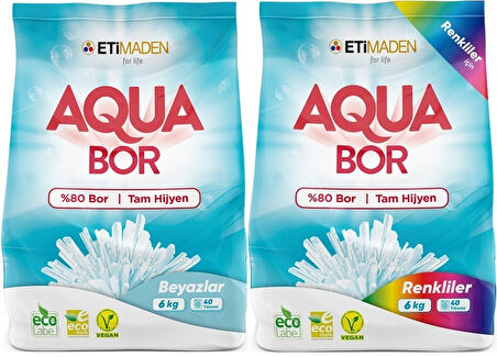 Boron AquaBor Matik Toz Çamaşır Deterjanı 12KG Beyazlar+Renkliler 80 Yıkama (2PK*6KG)