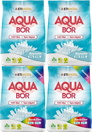 Boron AquaBor Matik Toz Çamaşır Deterjanı 24KG Beyazlar+Renkliler 160 Yıkama (4PK*6KG)