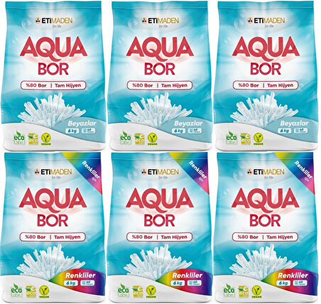 Boron AquaBor Matik Toz Çamaşır Deterjanı 36KG Beyazlar+Renkliler 240 Yıkama (6PK*6KG)