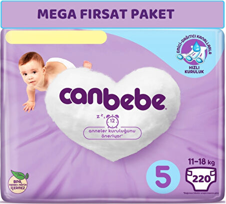 Canbebe Bebek Bezi Beden:5 (11-18Kg) Junior 220 Adet Mega Fırsat Pk