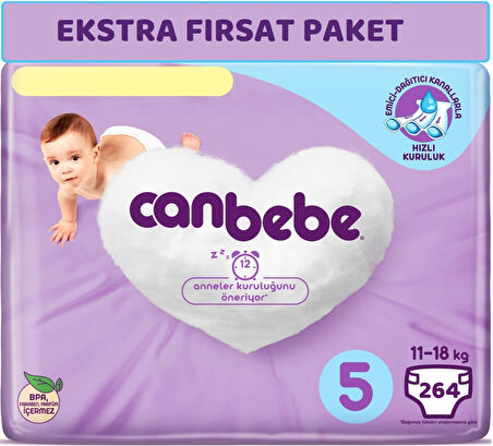 Canbebe Bebek Bezi Beden:5 (11-18Kg) Junior 264 Adet Ekstra Fırsat Pk