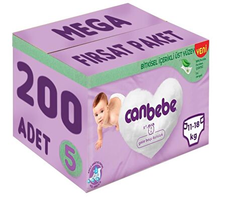 Canbebe Bebek Bezi Beden:5 (11-18Kg) Junior 200 Adet Mega Fırsat Pk