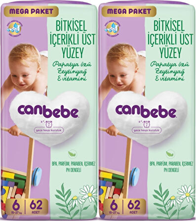 Canbebe Bebek Bezi Beden:6 (15-27KG) Exstra Large 124 Adet Mega Ekonomik Fırsat Pk