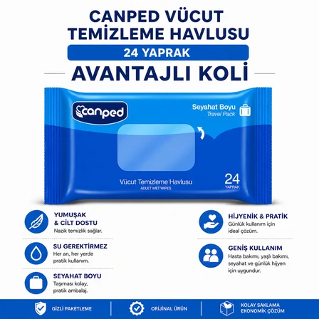 Canped Yetişkin Vücut Temizleme Islak Mendil Havlu 24 Yaprak Seyahat Boy 24 Lü Set  (576 Yaprak)