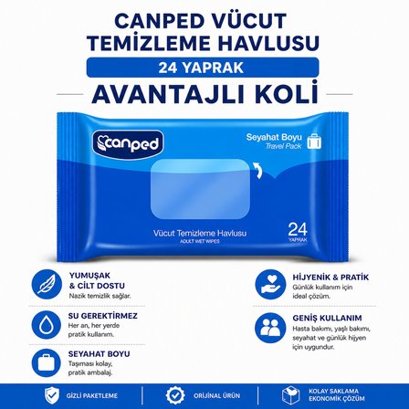 Canped Yetişkin Vücut Temizleme Islak Mendil Havlu 24 Yaprak Seyahat Boy 36 Lı Set  (864 Yaprak)
