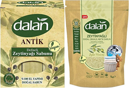 Dalan Antik Defneli Zeytinyağı Sabunu 900GR Klasik & Granül Sabun Tozu Zeytinyağlı 1KG Karma 2Li Set