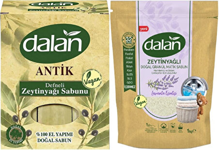 Dalan Antik Defneli Zeytinyağı Sabunu 900GR Klasik & Granül Sabun Tozu Lavantalı 1KG Karma 2Li Set