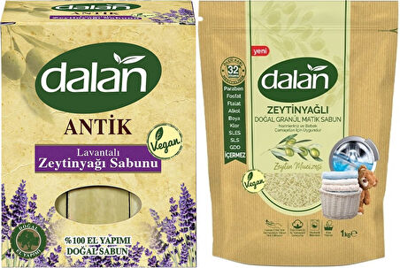 Dalan Antik Defneli Zeytinyağı Sabunu 900GR Lavantalı & Granül Sabun Tozu Zeytinyağlı 1KG (2 Li Set)