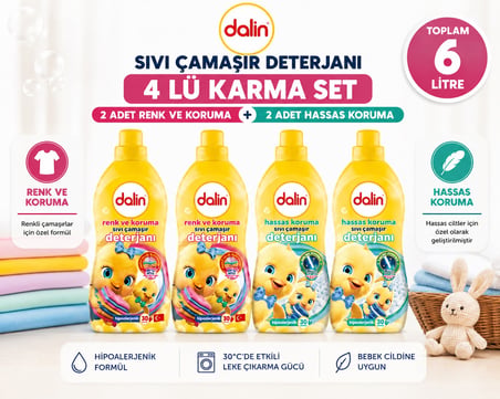 Dalin Sıvı Çamaşır Deterjanı 1500 ML 4 Lü Karma Set – Renk ve Koruma + Hassas Koruma Toplam 6 Litre