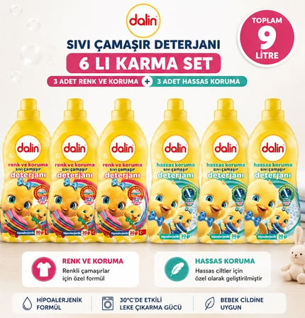 Dalin Sıvı Çamaşır Deterjanı 1500 ML 6 Lı Karma Set – Renk ve Koruma + Hassas Koruma Toplam 9 Litre