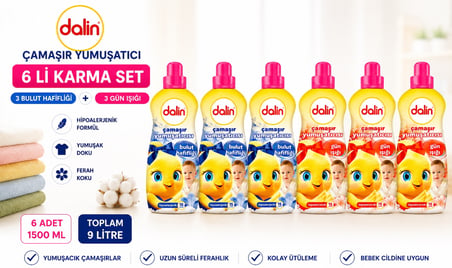 Dalin Çamaşır Yumuşatıcı 1500 ML 6 Lı Karma Set – Bulut Hafifliği + Gün Işığı 9 Litre Hipoalerjenik
