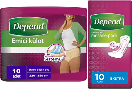 Depend Emici Külot Lohusa Pedi  XL - Extra Büyük -  Kadın (10 Adet)+Mesane Pedi Kadın Ekstra (10 Lu)