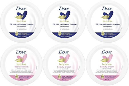 Dove Besleyici El ve Vücut Bakım Kremi 250ML (Rich Nourishment Cream+ Beauty Cream) Karma (6 Lı Set)