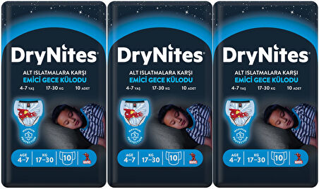 Drynites Emici Gece Külodu/Külot Bez Erkek 4-7 Yaş 17-30KG Small 30Adet 3PK*10 Alt Islatmalara Karşı
