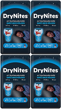 Drynites Emici Gece Külodu/Külot Bez Erkek 4-7 Yaş 17-30KG Small 40Adet 4PK*10 Alt Islatmalara Karşı