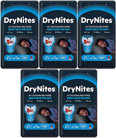 Drynites Emici Gece Külodu/Külot Bez Erkek 4-7 Yaş 17-30KG Small 50Adet 5PK*10 Alt Islatmalara Karşı