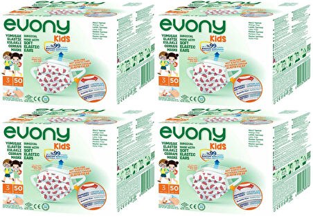 Evony 3 Katlı Filtreli Burun Telli Cerrahi Maske (Kids Çoçuklar İçin) 200 Lü Set (Desenli)