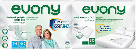 Evony Hasta Bezi Yetişkin Bel Bantlı Tekstil Yüzey Orta 30 Adet + Yatak Koruyucu Örtü 30 Adet